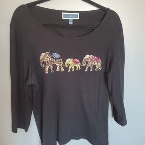 Karen Scott Black Top with Colorful Elephant Design